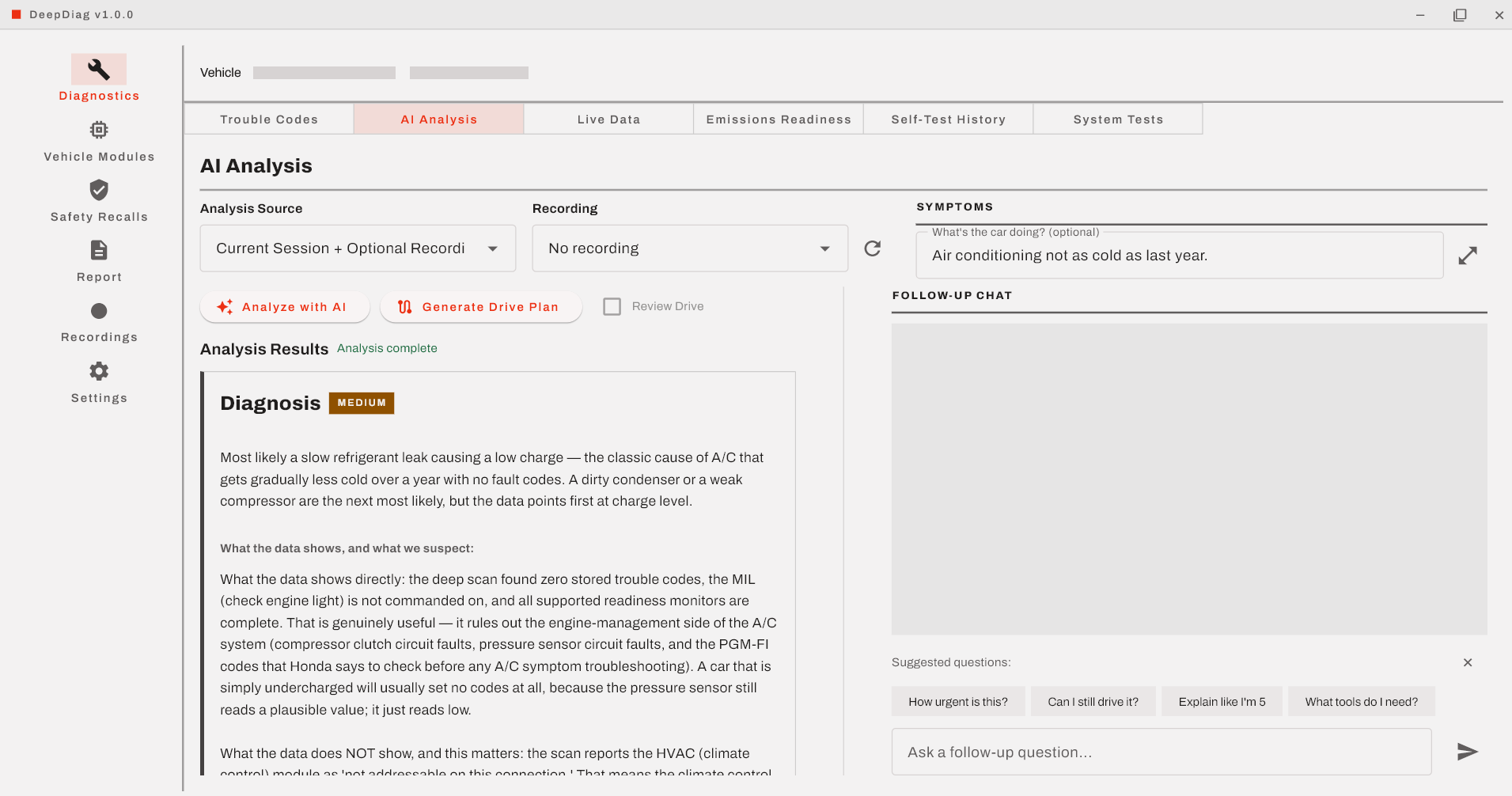 DeepDiag AI Analysis tab showing a diagnosis of an air conditioning complaint