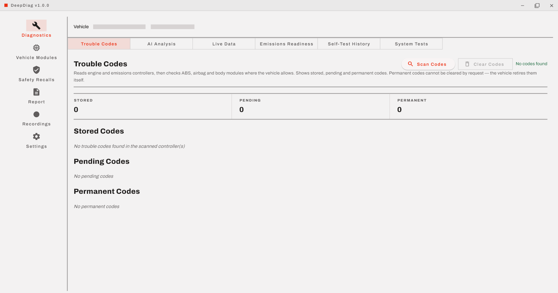 Trouble Codes tab with stored, pending and permanent counts